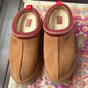 UGG Tan Suede Slippers with Red Accents